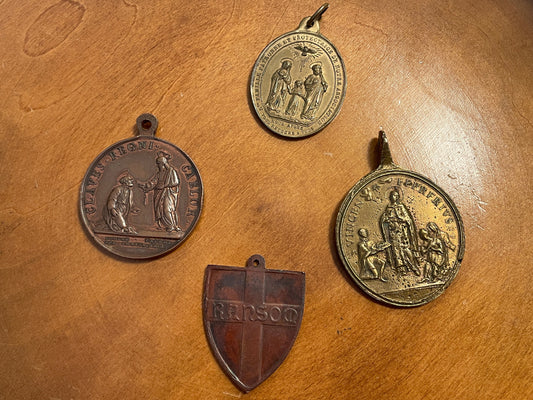 Set of Four Antique Catholic Medals – Pius IX, Our Lady of Ransom, Sacred Heart & Our Lady of Mount Carmel, c.1870–1920