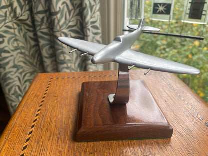 Vintage Aluminium Spitfire Desk Model on Wooden Plinth – 1940s–50s British Aviation Memorabilia, RAF Fighter Plane Sculpture