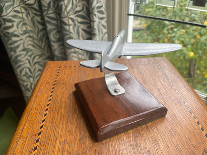 Vintage Aluminium Spitfire Desk Model on Wooden Plinth – 1940s–50s British Aviation Memorabilia, RAF Fighter Plane Sculpture