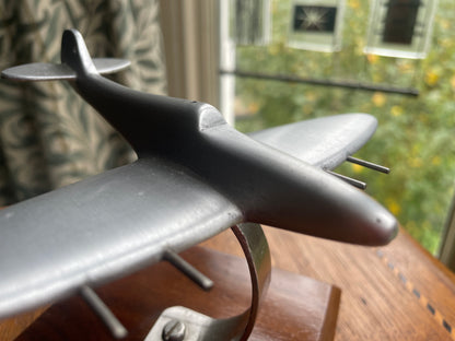 Vintage Aluminium Spitfire Desk Model on Wooden Plinth – 1940s–50s British Aviation Memorabilia, RAF Fighter Plane Sculpture