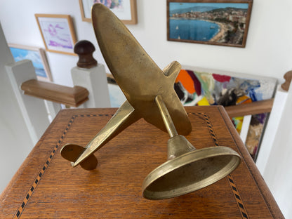 Vintage Solid Brass Spitfire Airplane Model on Stand – Mid-Century RAF Desk Ornament – British Aviation Collectible – 20 cm Wingspan