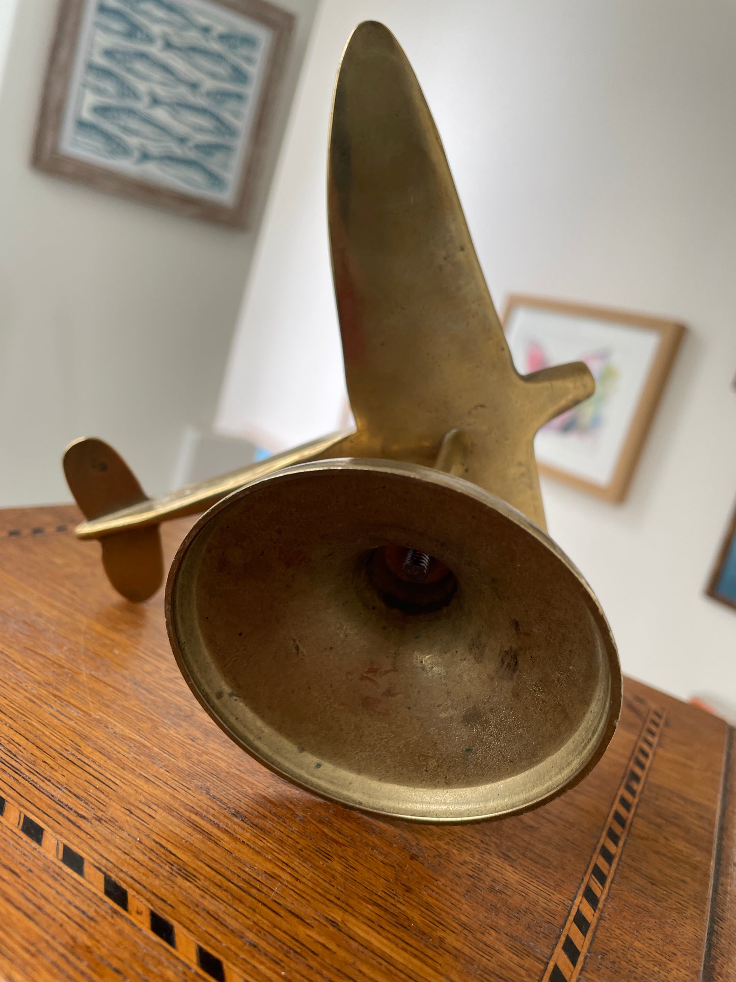 Vintage Solid Brass Spitfire Airplane Model on Stand – Mid-Century RAF Desk Ornament – British Aviation Collectible – 20 cm Wingspan