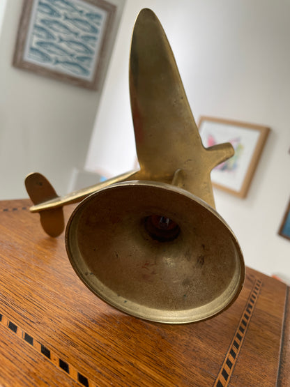 Vintage Solid Brass Spitfire Airplane Model on Stand – Mid-Century RAF Desk Ornament – British Aviation Collectible – 20 cm Wingspan
