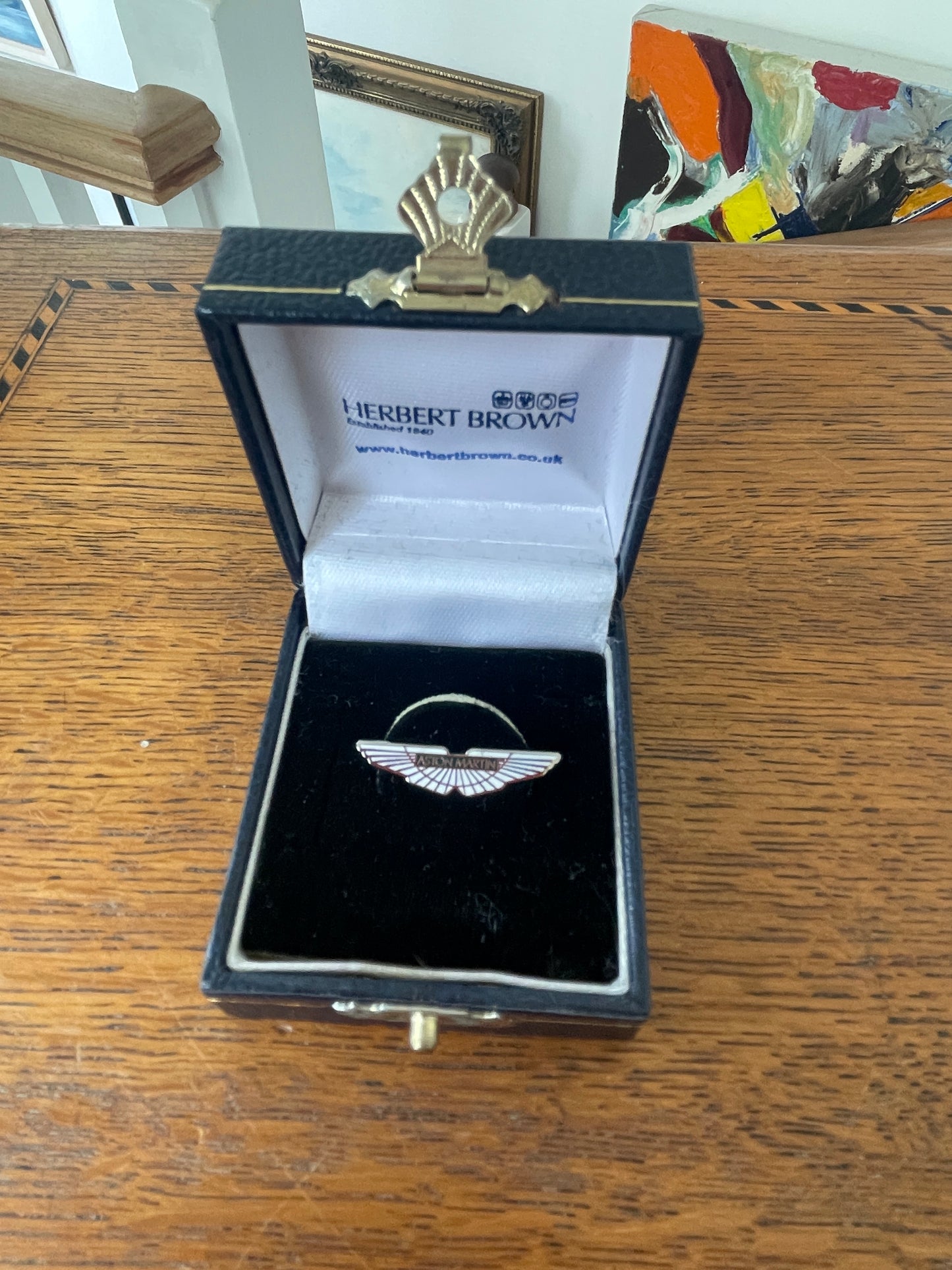 Boxed Aston Martin Winged Logo Lapel Pin Badge by Herbert Brown – Vintage Silver Enamel Car Emblem – British Motoring Collectible Gift