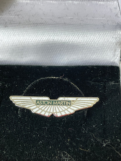 Boxed Aston Martin Winged Logo Lapel Pin Badge by Herbert Brown – Vintage Silver Enamel Car Emblem – British Motoring Collectible Gift
