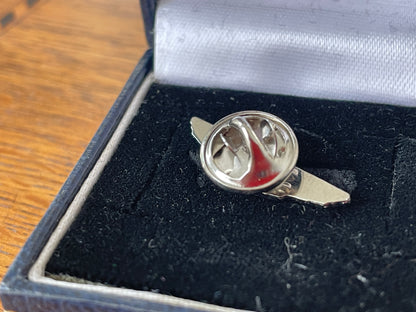 Boxed Aston Martin Winged Logo Lapel Pin Badge by Herbert Brown – Vintage Silver Enamel Car Emblem – British Motoring Collectible Gift