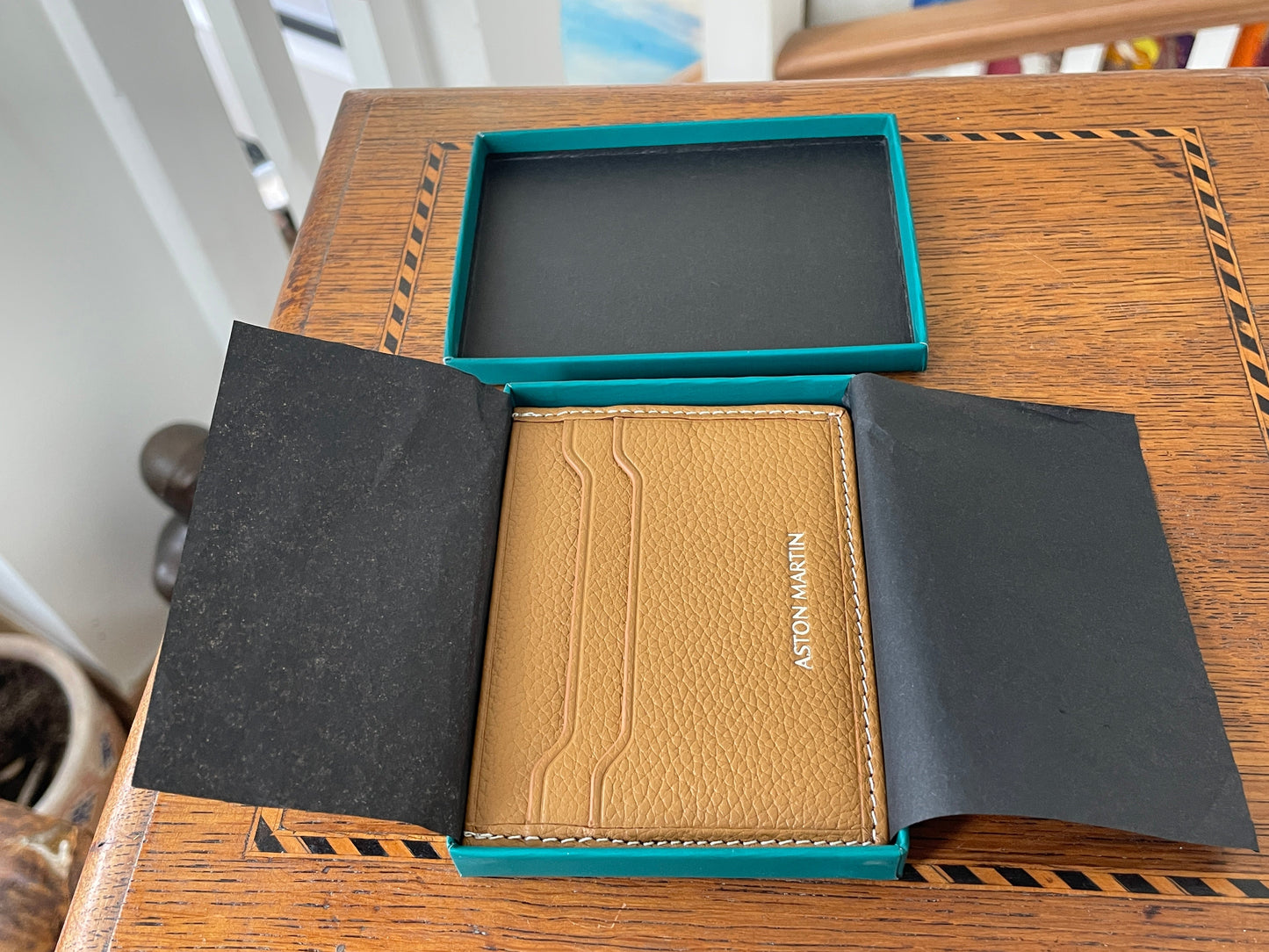 Boxed Aston Martin Tan Leather Card Holder – Genuine Pebble Grain Wallet – British Luxury Motoring Gift for Him