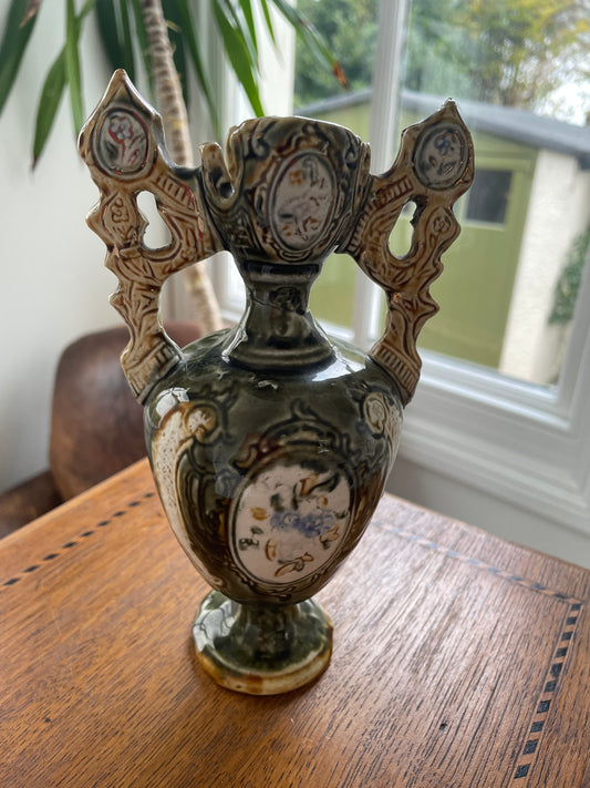 Antique Continental Majolica Vase – Hand-Decorated Twin-Handled Floral Ceramic with Portrait Medallions (c.1880–1910)