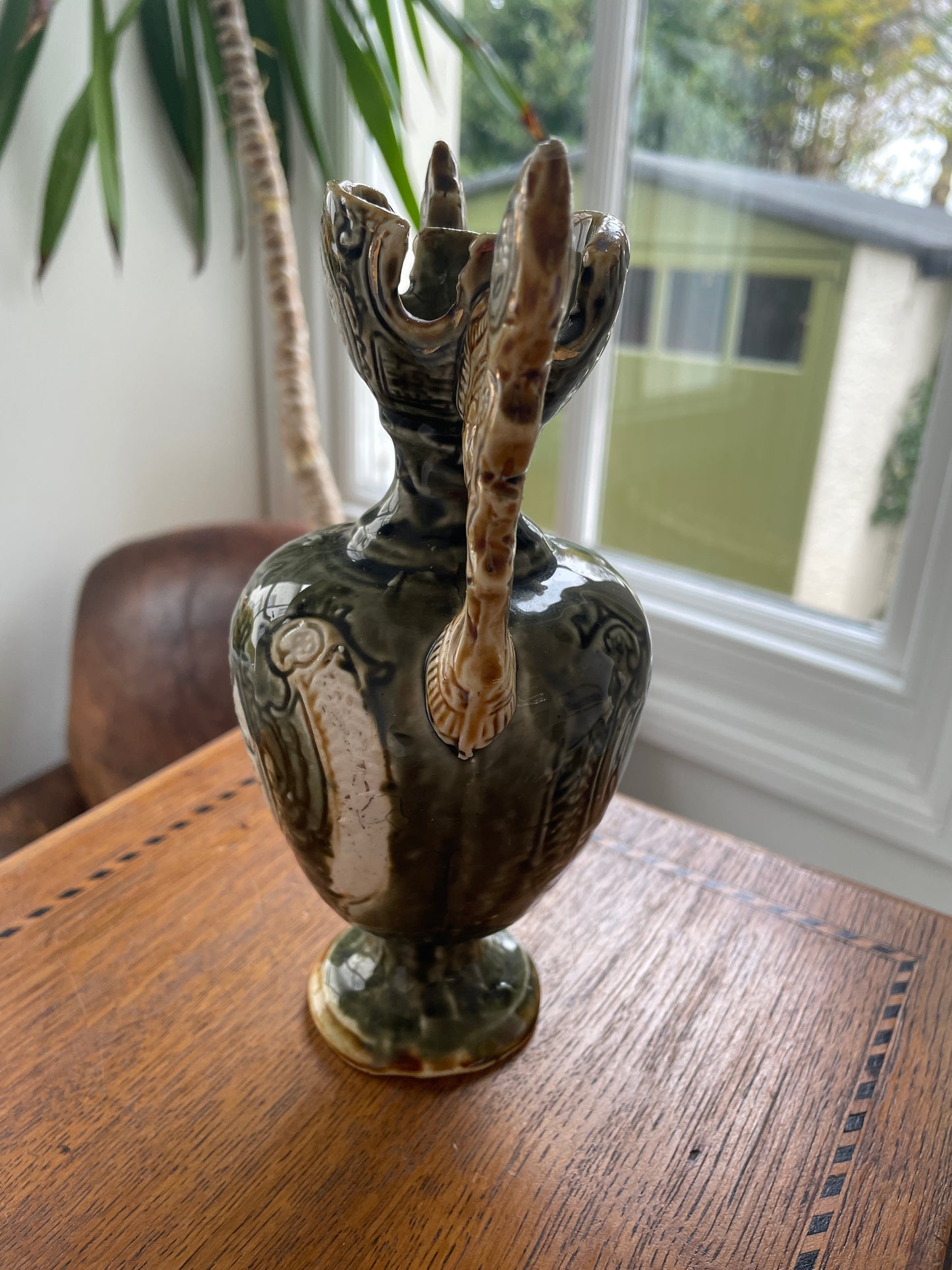 Antique Continental Majolica Vase – Hand-Decorated Twin-Handled Floral Ceramic with Portrait Medallions (c.1880–1910)