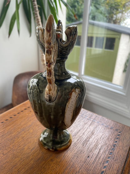 Antique Continental Majolica Vase – Hand-Decorated Twin-Handled Floral Ceramic with Portrait Medallions (c.1880–1910)