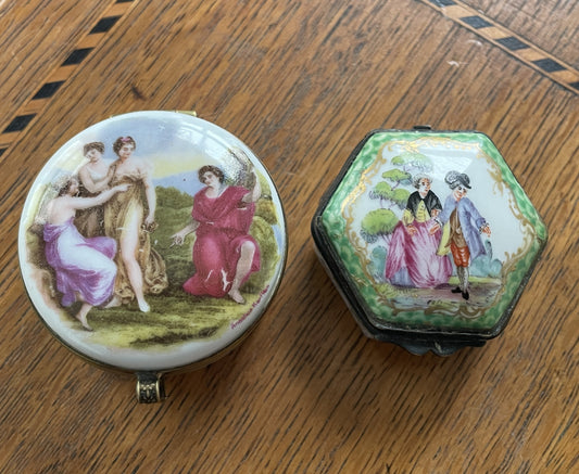 Pair of Vintage Porcelain Trinket Boxes – Hand-Painted Classical & Rococo Scenes (c.20th Century)