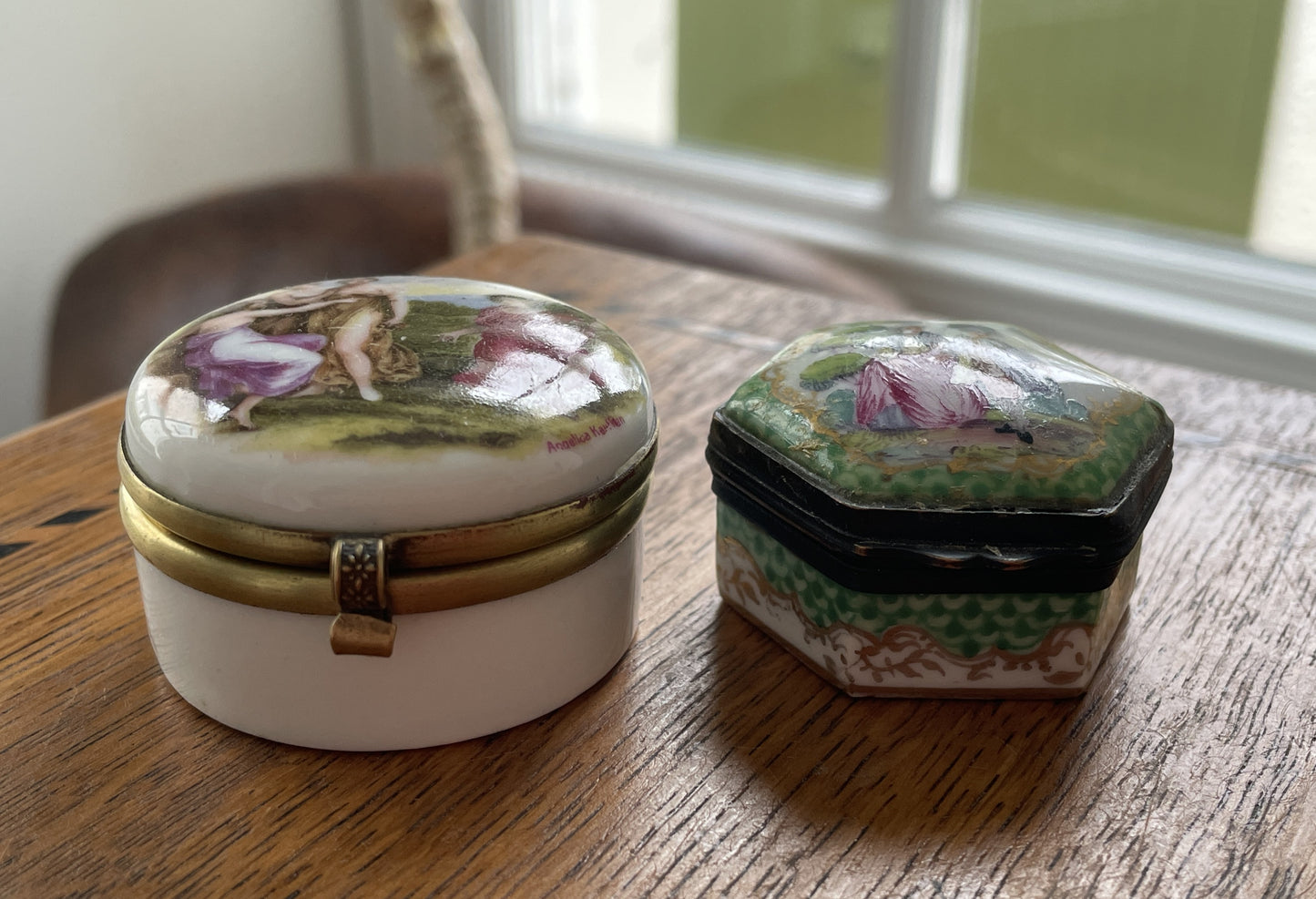 Pair of Vintage Porcelain Trinket Boxes – Hand-Painted Classical & Rococo Scenes (c.20th Century)