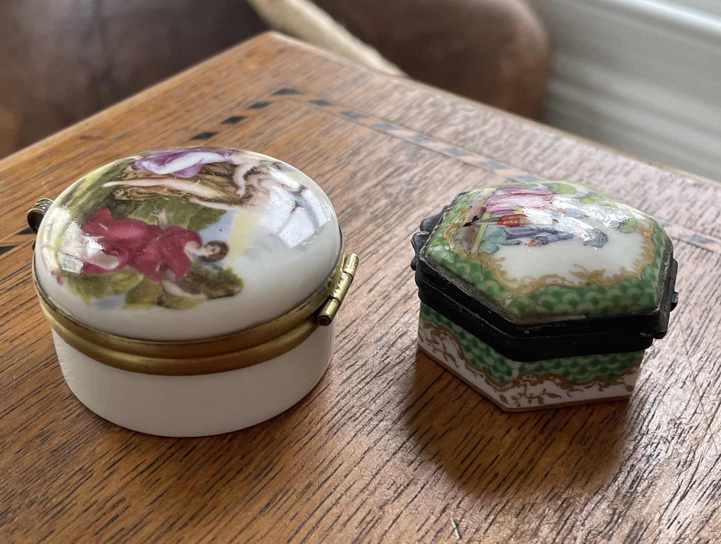 Pair of Vintage Porcelain Trinket Boxes – Hand-Painted Classical & Rococo Scenes (c.20th Century)