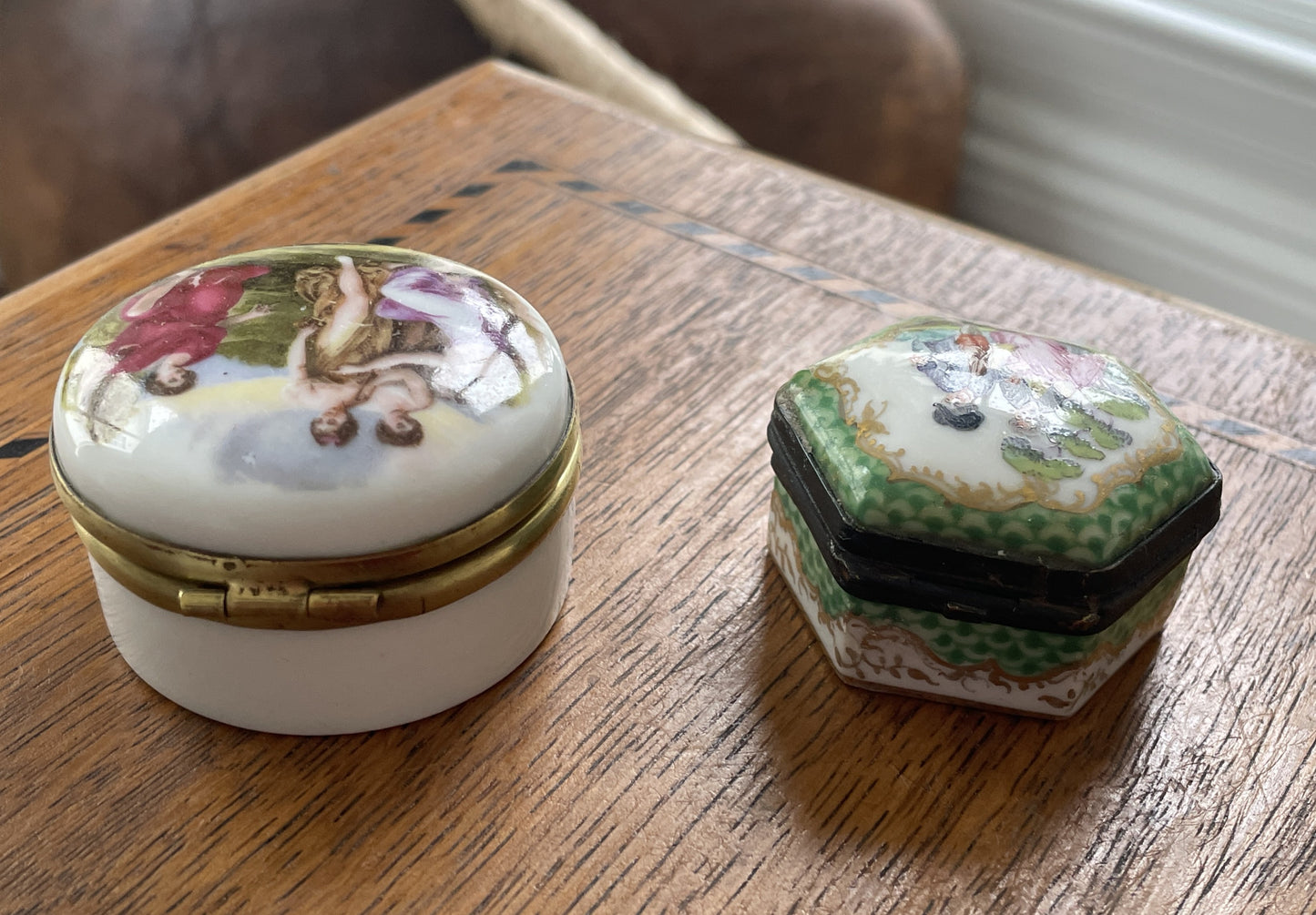 Pair of Vintage Porcelain Trinket Boxes – Hand-Painted Classical & Rococo Scenes (c.20th Century)
