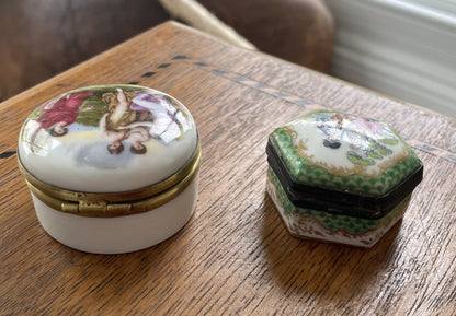Pair of Vintage Porcelain Trinket Boxes – Hand-Painted Classical & Rococo Scenes (c.20th Century)