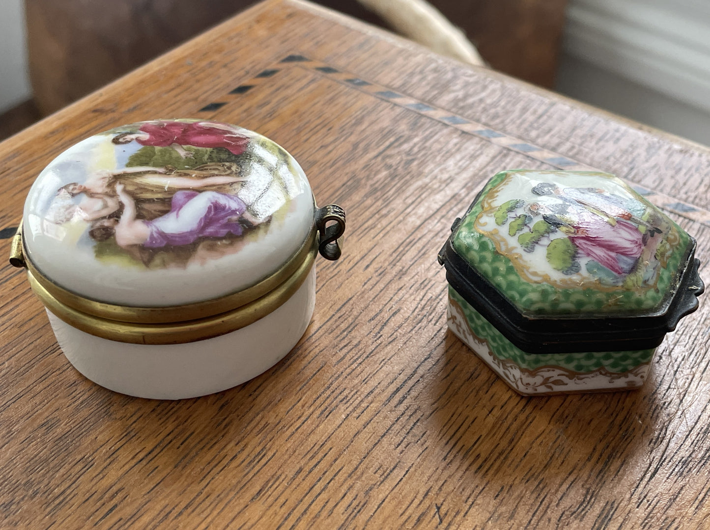 Pair of Vintage Porcelain Trinket Boxes – Hand-Painted Classical & Rococo Scenes (c.20th Century)