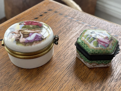Pair of Vintage Porcelain Trinket Boxes – Hand-Painted Classical & Rococo Scenes (c.20th Century)