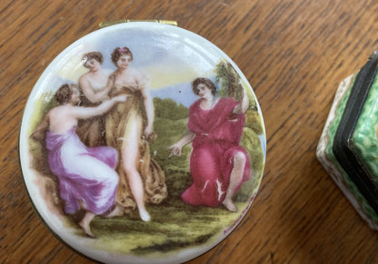 Pair of Vintage Porcelain Trinket Boxes – Hand-Painted Classical & Rococo Scenes (c.20th Century)