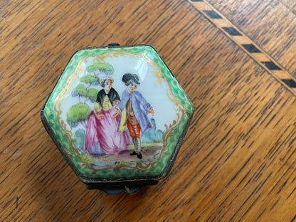 Pair of Vintage Porcelain Trinket Boxes – Hand-Painted Classical & Rococo Scenes (c.20th Century)