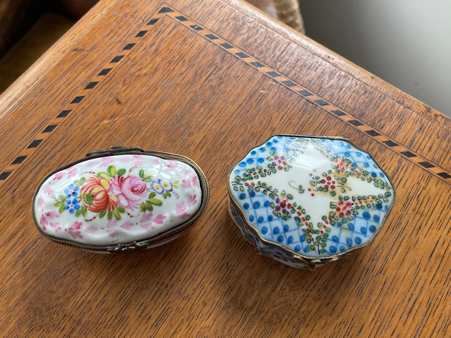 Vintage French-Style Porcelain Trinket Boxes – Hand Painted Floral & Lattice Designs (c.1960s–1980s)