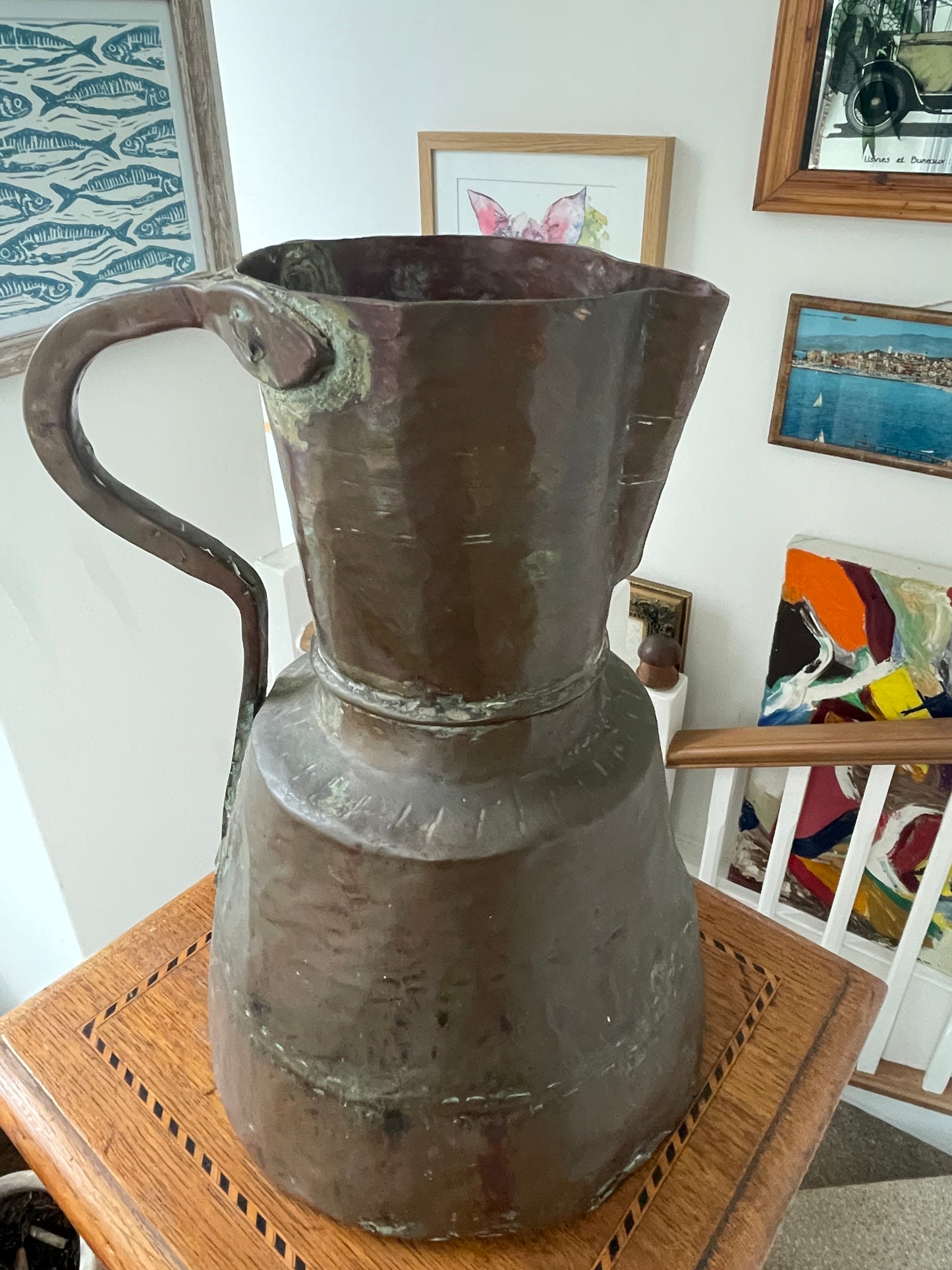 Antique Copper Riveted Jug – Hand-Forged Rustic Water Pitcher with Verdigris Patina (c. early 19th Century)