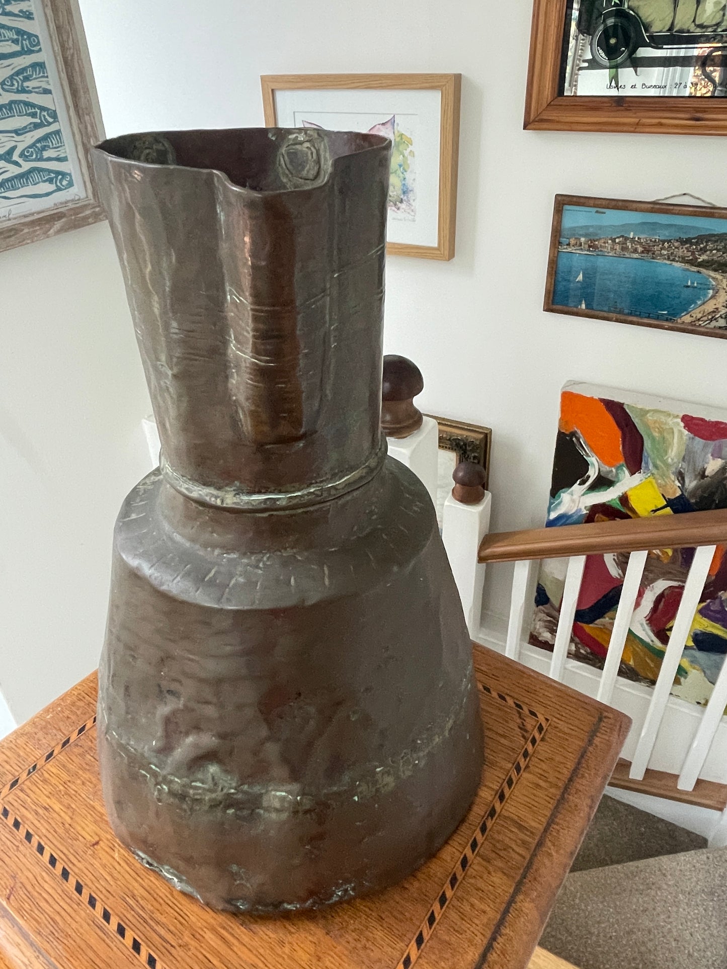 Antique Copper Riveted Jug – Hand-Forged Rustic Water Pitcher with Verdigris Patina (c. early 19th Century)