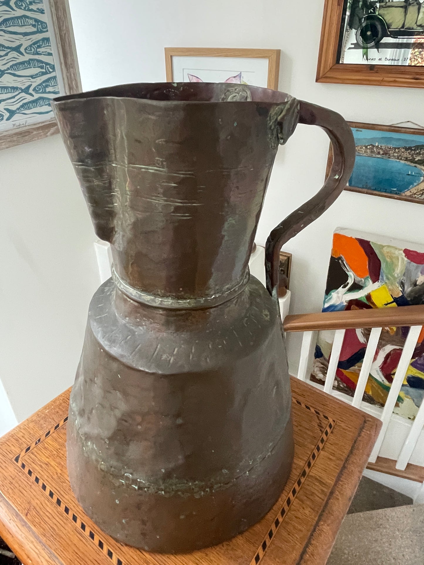 Antique Copper Riveted Jug – Hand-Forged Rustic Water Pitcher with Verdigris Patina (c. early 19th Century)