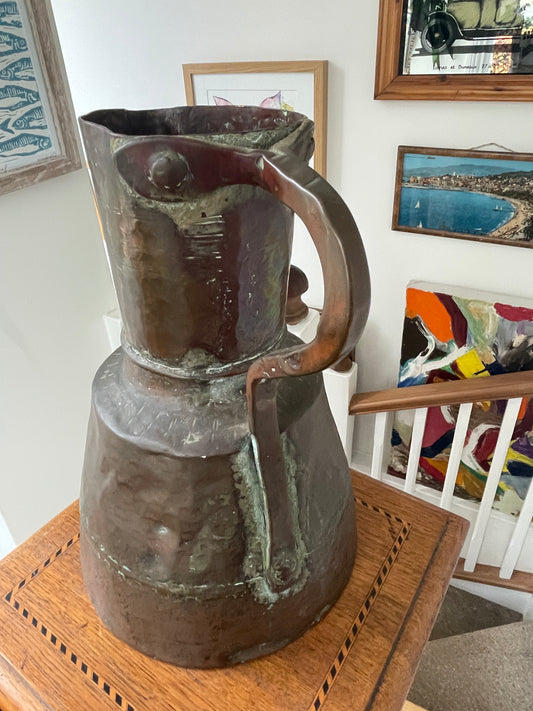 Antique Copper Riveted Jug – Hand-Forged Rustic Water Pitcher with Verdigris Patina (c. early 19th Century)