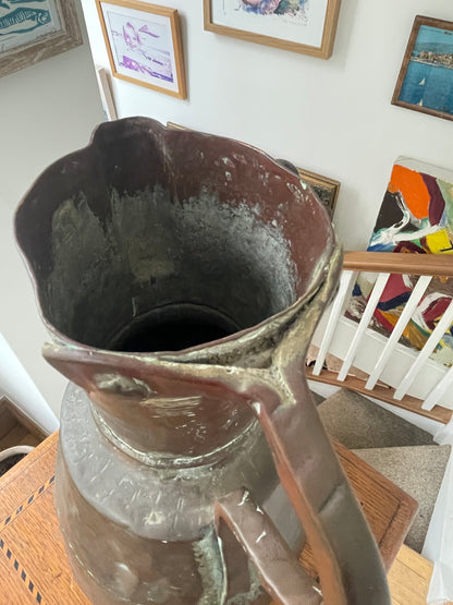 Antique Copper Riveted Jug – Hand-Forged Rustic Water Pitcher with Verdigris Patina (c. early 19th Century)