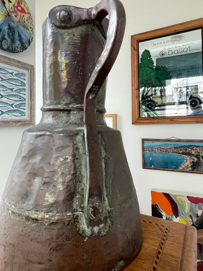 Antique Copper Riveted Jug – Hand-Forged Rustic Water Pitcher with Verdigris Patina (c. early 19th Century)