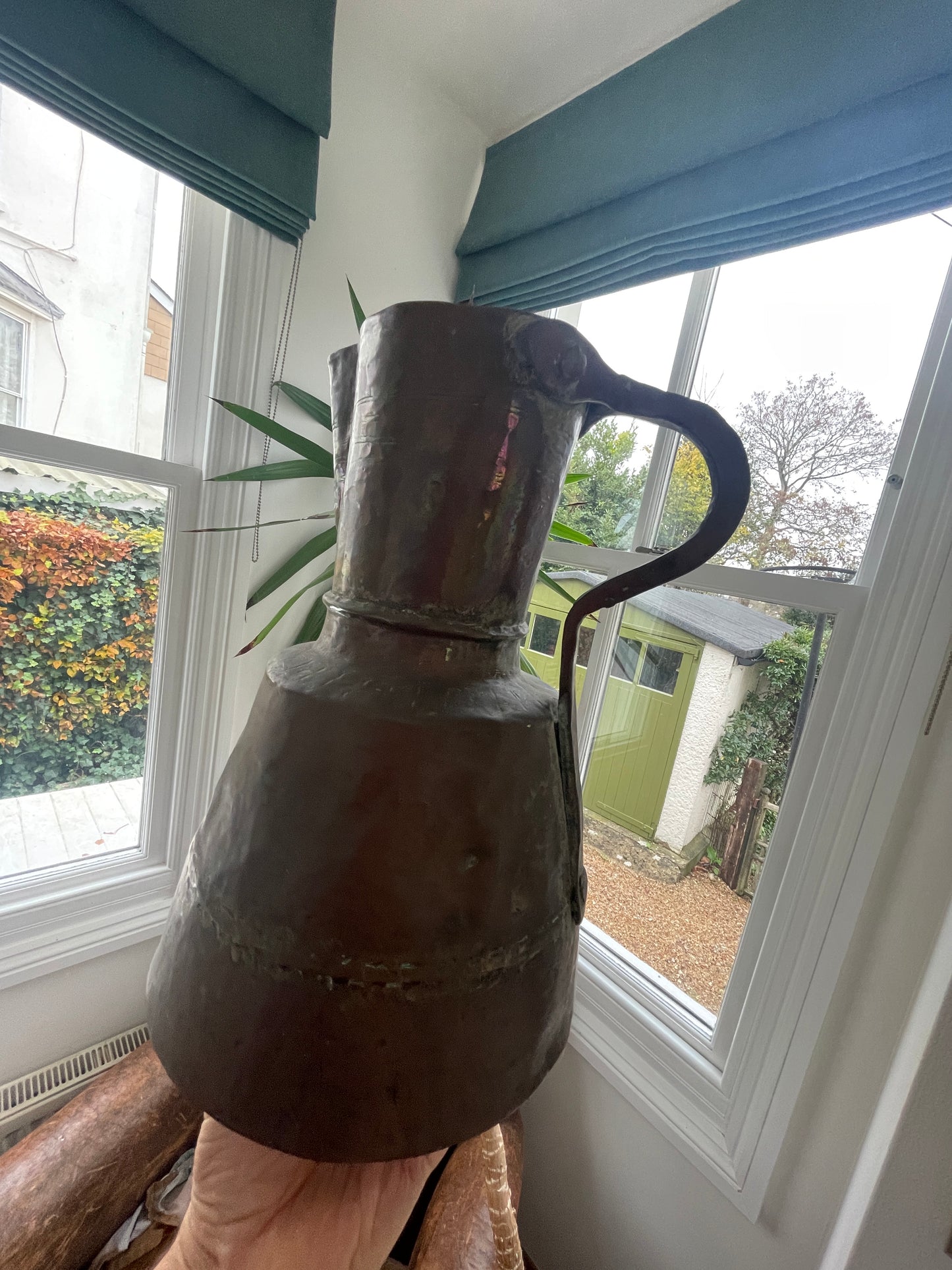 Antique Copper Riveted Jug – Hand-Forged Rustic Water Pitcher with Verdigris Patina (c. early 19th Century)