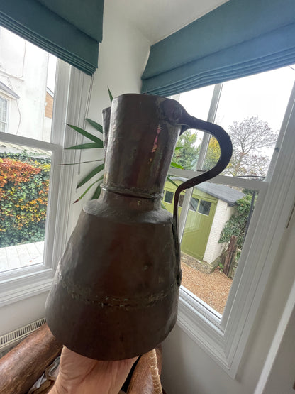 Antique Copper Riveted Jug – Hand-Forged Rustic Water Pitcher with Verdigris Patina (c. early 19th Century)