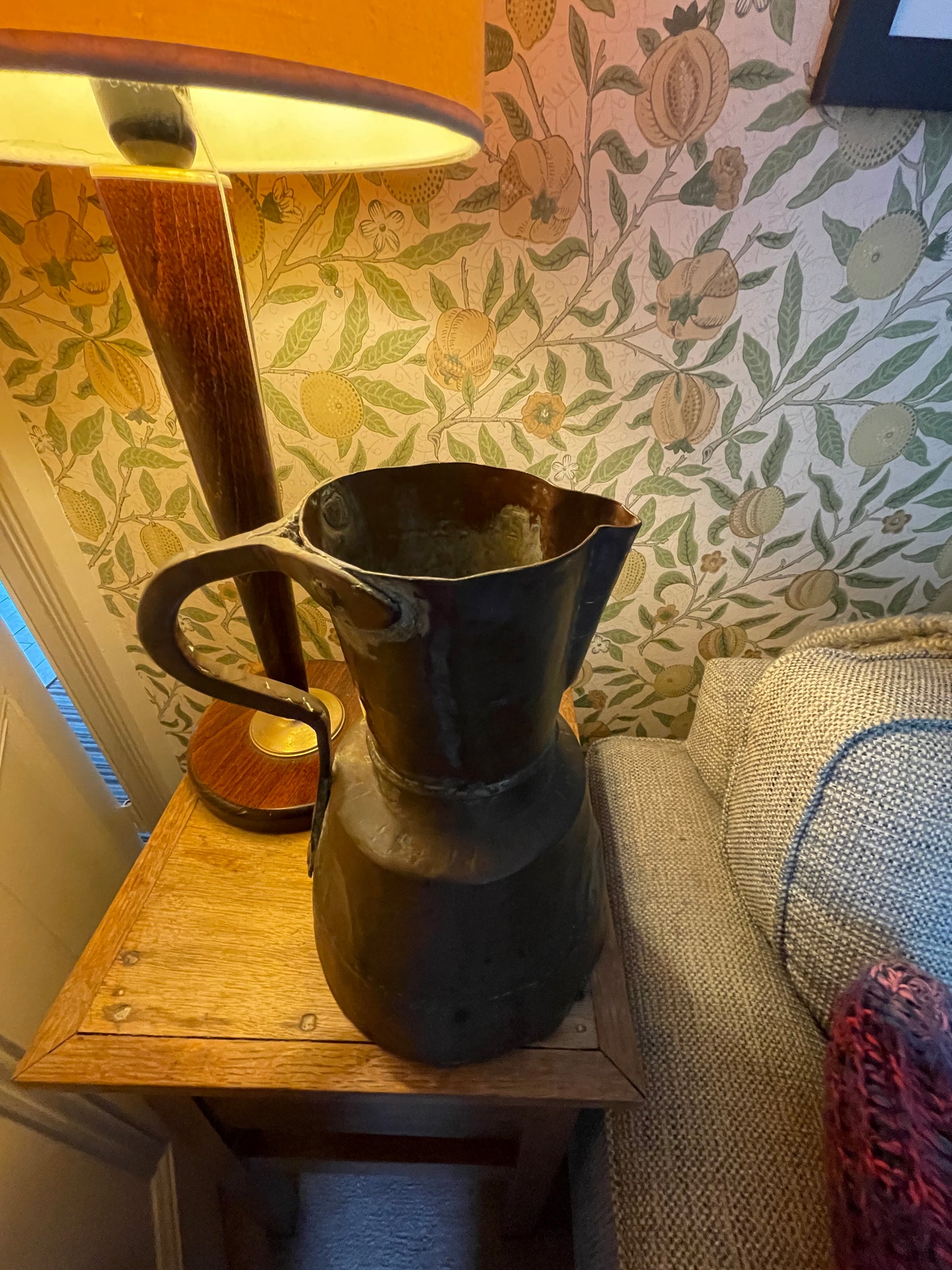 Antique Copper Riveted Jug – Hand-Forged Rustic Water Pitcher with Verdigris Patina (c. early 19th Century)