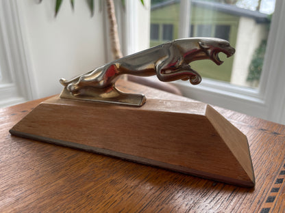 Vintage Jaguar Car Mascot – Chrome Plated Leaper on Wooden Display Plinth (c. Mid-20th Century)