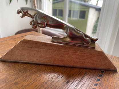 Vintage Jaguar Car Mascot – Chrome Plated Leaper on Wooden Display Plinth (c. Mid-20th Century)