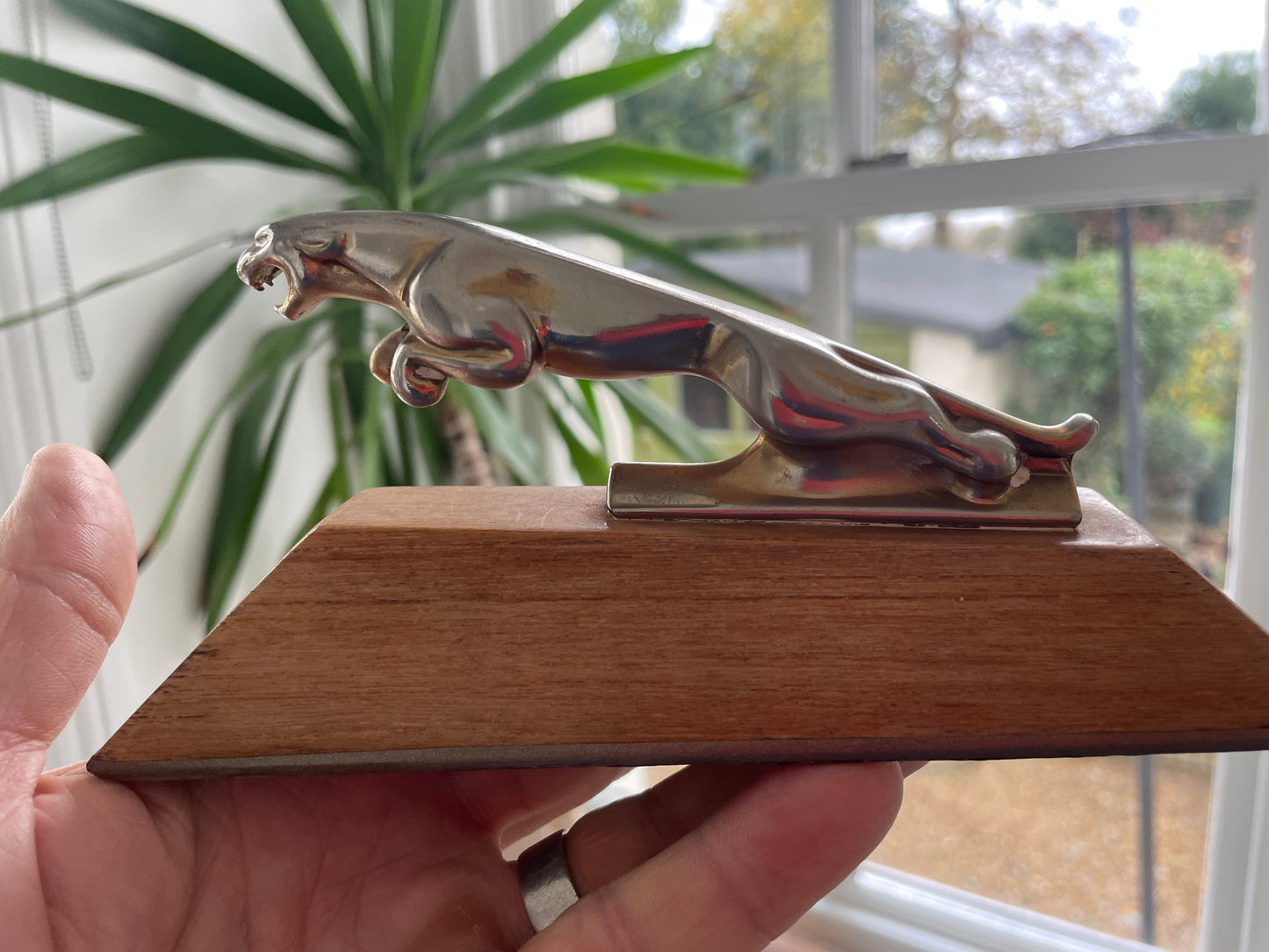 Vintage Jaguar Car Mascot – Chrome Plated Leaper on Wooden Display Plinth (c. Mid-20th Century)