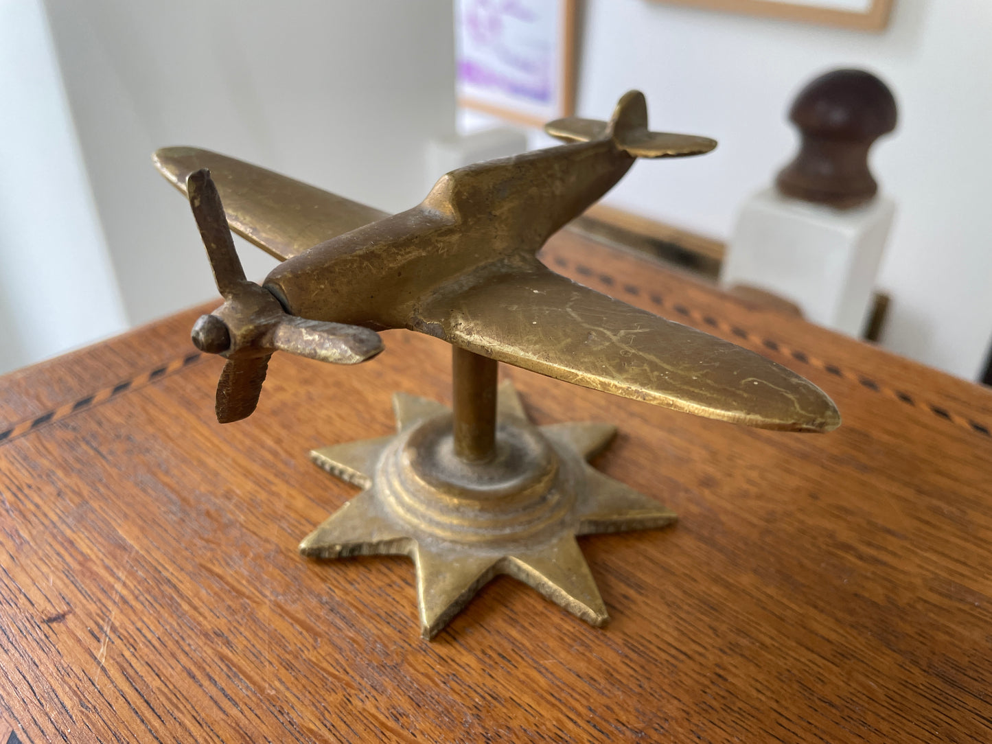 Antique British Brass Spitfire Model – Cast Desk Ornament on Starburst Base (c.1940s