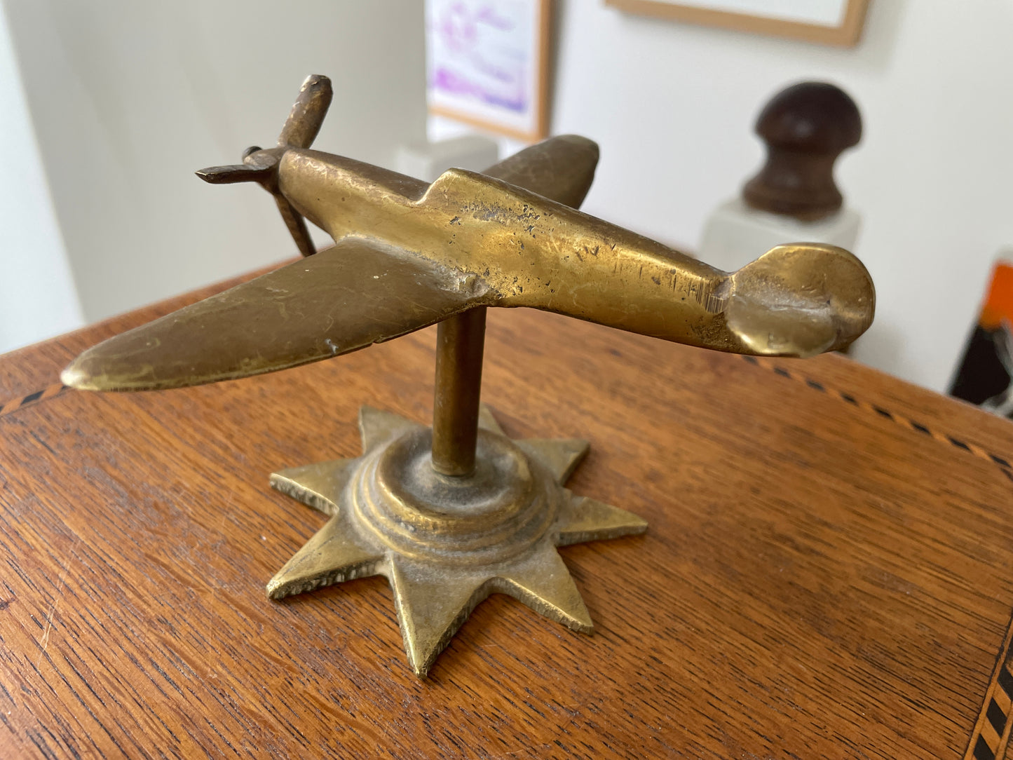 Antique British Brass Spitfire Model – Cast Desk Ornament on Starburst Base (c.1940s