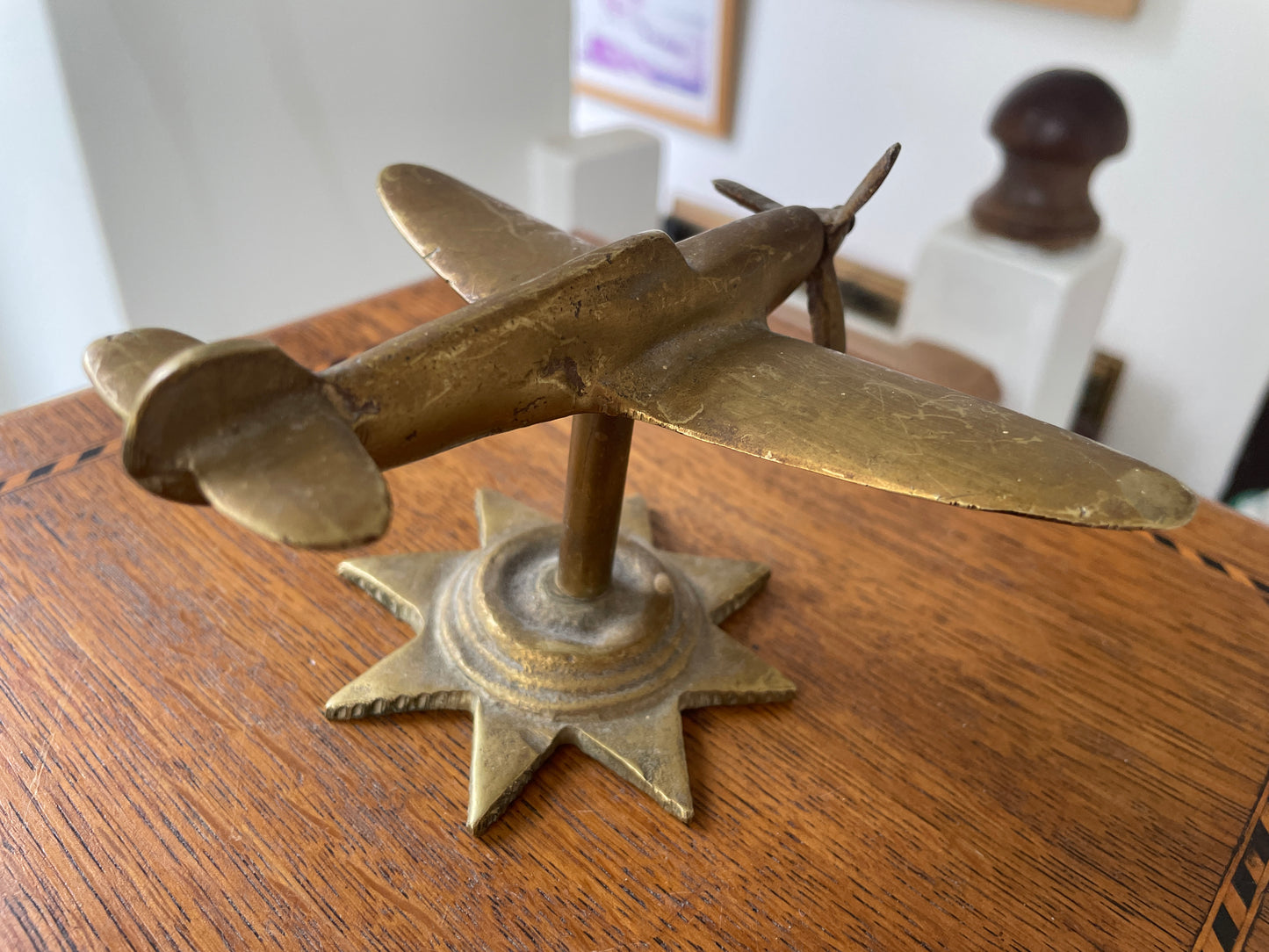Antique British Brass Spitfire Model – Cast Desk Ornament on Starburst Base (c.1940s