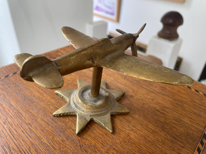 Antique British Brass Spitfire Model – Cast Desk Ornament on Starburst Base (c.1940s