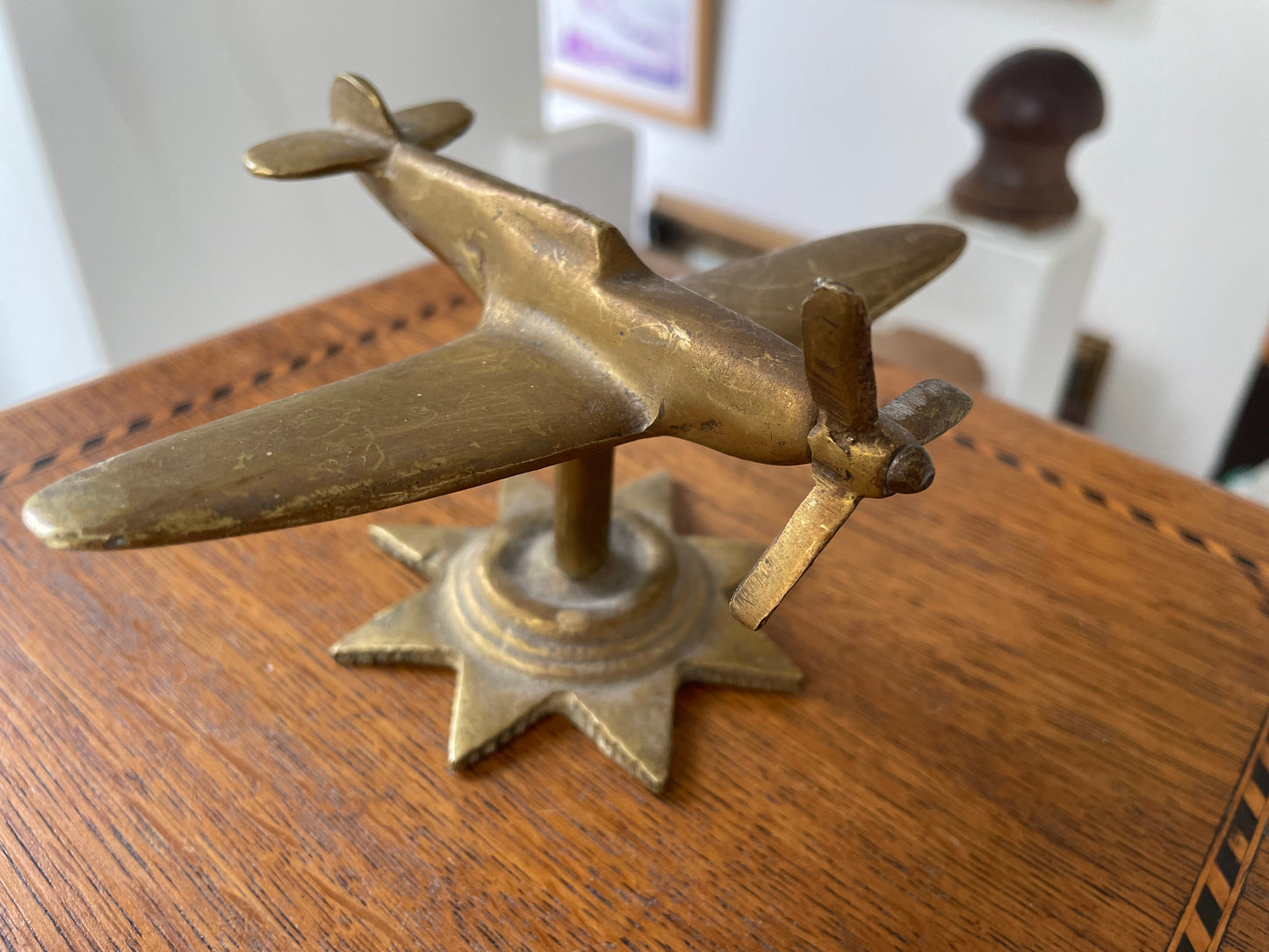 Antique British Brass Spitfire Model – Cast Desk Ornament on Starburst Base (c.1940s