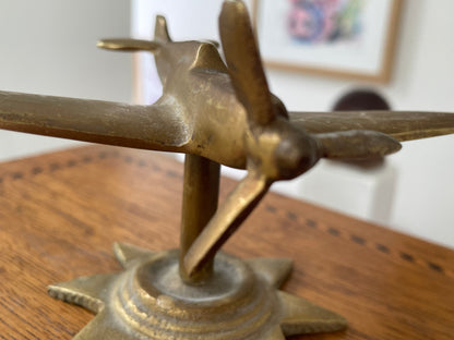 Antique British Brass Spitfire Model – Cast Desk Ornament on Starburst Base (c.1940s