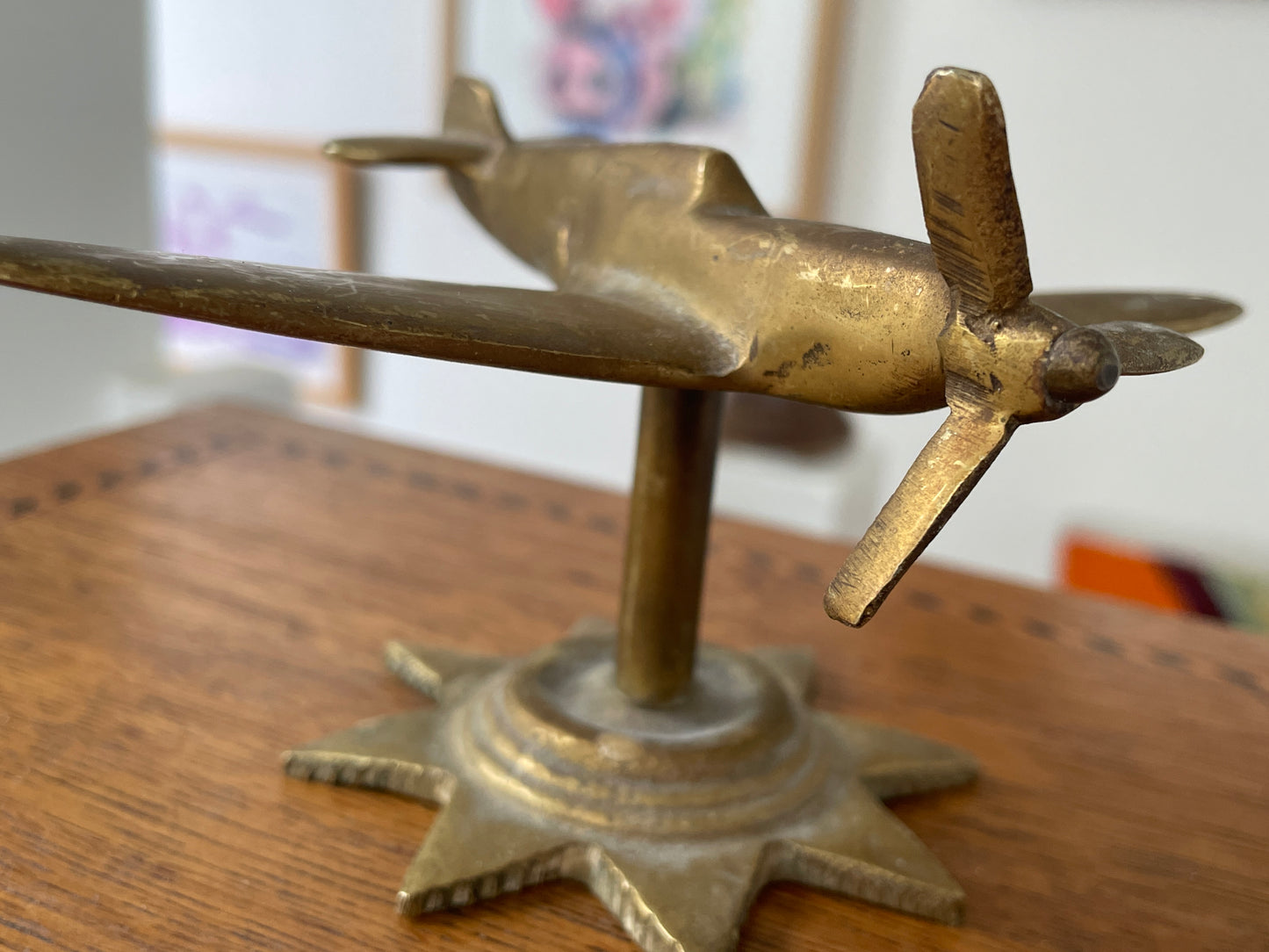 Antique British Brass Spitfire Model – Cast Desk Ornament on Starburst Base (c.1940s