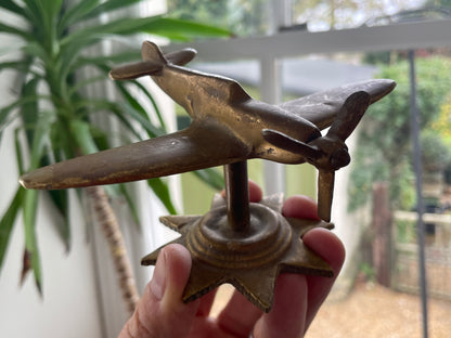 Antique British Brass Spitfire Model – Cast Desk Ornament on Starburst Base (c.1940s