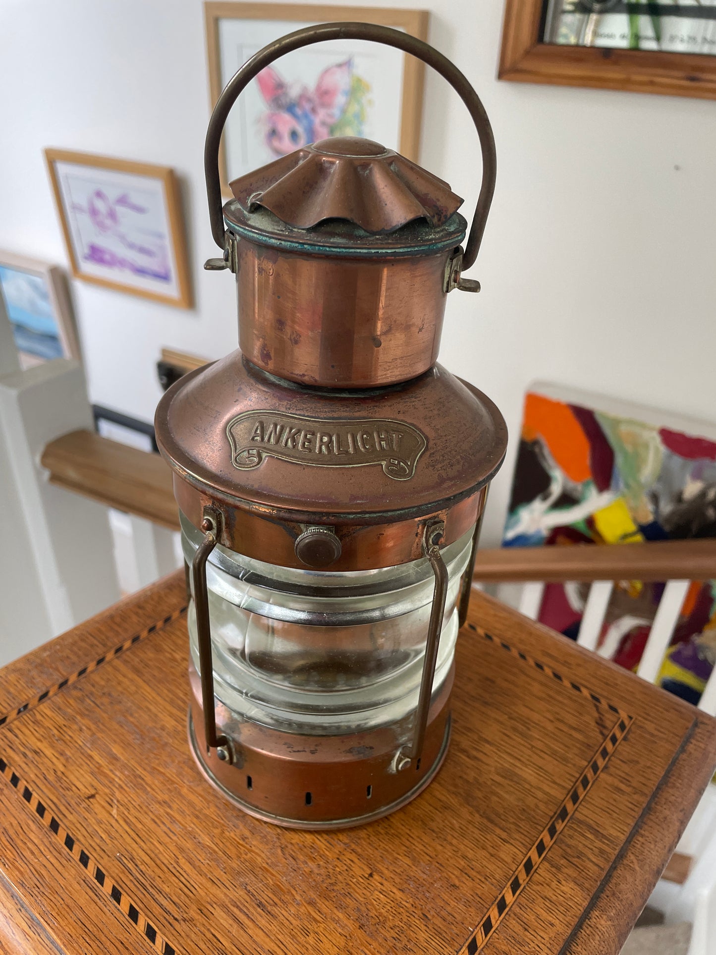 Antique Copper Ship’s Lantern – German ‘Ankerlicht’ Anchor Light with Glass Lens (c.1930s–40s)