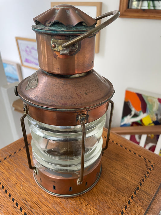 Antique Copper Ship’s Lantern – German ‘Ankerlicht’ Anchor Light with Glass Lens (c.1930s–40s)
