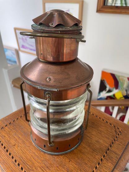 Antique Copper Ship’s Lantern – German ‘Ankerlicht’ Anchor Light with Glass Lens (c.1930s–40s)