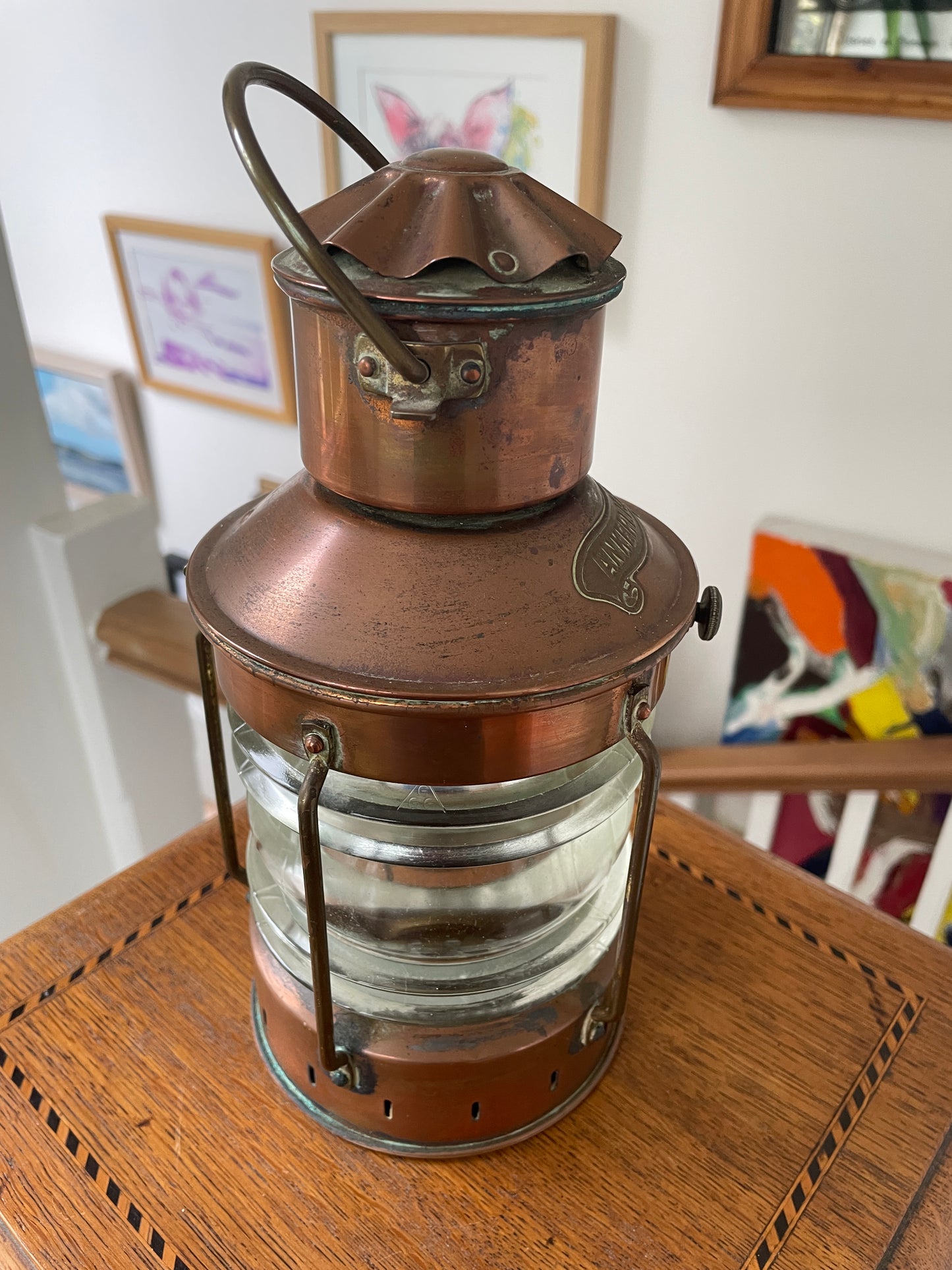 Antique Copper Ship’s Lantern – German ‘Ankerlicht’ Anchor Light with Glass Lens (c.1930s–40s)