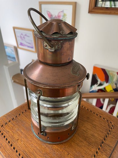 Antique Copper Ship’s Lantern – German ‘Ankerlicht’ Anchor Light with Glass Lens (c.1930s–40s)