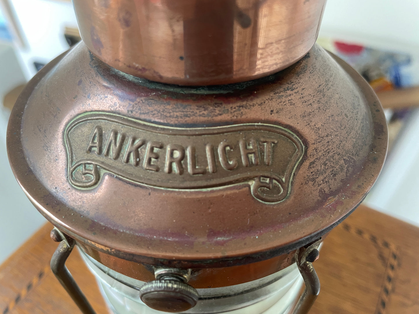 Antique Copper Ship’s Lantern – German ‘Ankerlicht’ Anchor Light with Glass Lens (c.1930s–40s)